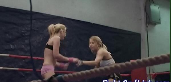  Pussylicking babes wrestle in a boxing ring